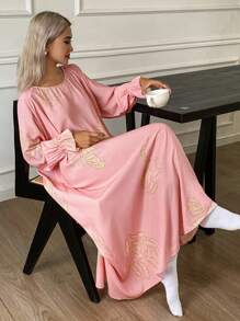 DAZY All-Over Pattern Loose Fit Ruffle Hem Lantern Sleeve Long Nightgown For Women, Fall Pajama - Apricot - View 3