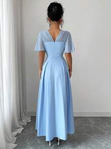 Elenzga Nuevo vestido casual y ligero de mujer con cuello en V de gasa, manga con volantes, botones al frente y dobladillo plisado, adecuado para ir al trabajo, citas, vacaciones y uso diario versátil, con efecto estilizador de la cintura y elegante