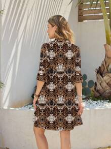 Shutterstock Glamance 女士豹纹V领喇叭袖迷你度假连衣裙豹纹连衣裙印花连衣裙七分袖连衣裙女士连衣裙动物印花连衣裙 - 咖啡 - 查看 2