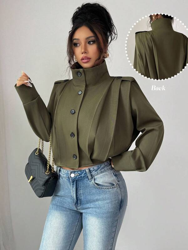 Elenzga Women Solid Color Long Sleeve Pleated Single-Breasted Casual Short Windbreaker