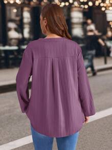 EMERY ROSE Long Sleeve Woven Purple Top For Women With Roll-Up Sleeves And Regular Hem,Fall Clothes For Women - Purple - View 5