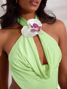 Opulessa 纯色针织露背女式上衣 - 橄欖綠 - 查看 3