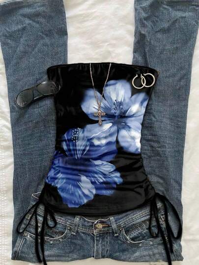 Attitoon Women's Casual Vintage Tight Cinched Knotted Tube Top Blue Floral Top Blue Flower Top Dark Blue Top Blue Top Women Blue Floral Tube Top Goth Suitable For Going Out
