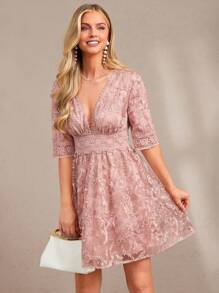 SHEIN Amorya 女士新款时尚优雅 V 领刺绣粉色 A 字短裙，适合派对、下午茶等多种场合 - 粉色 - 查看 3