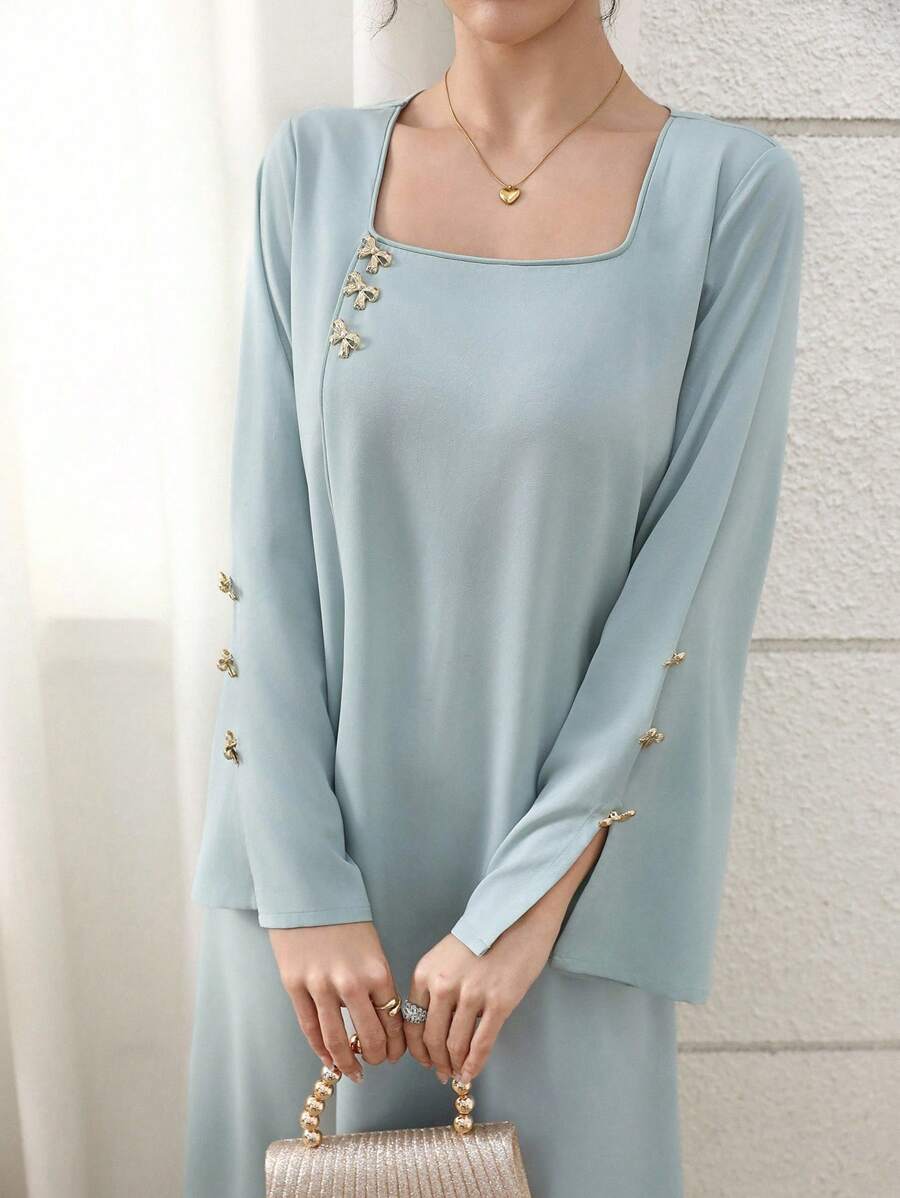 Yasmyna Kaftan y Jalabiya en color verde menta con decoración de lazo con textura floral hecho a mano para damas