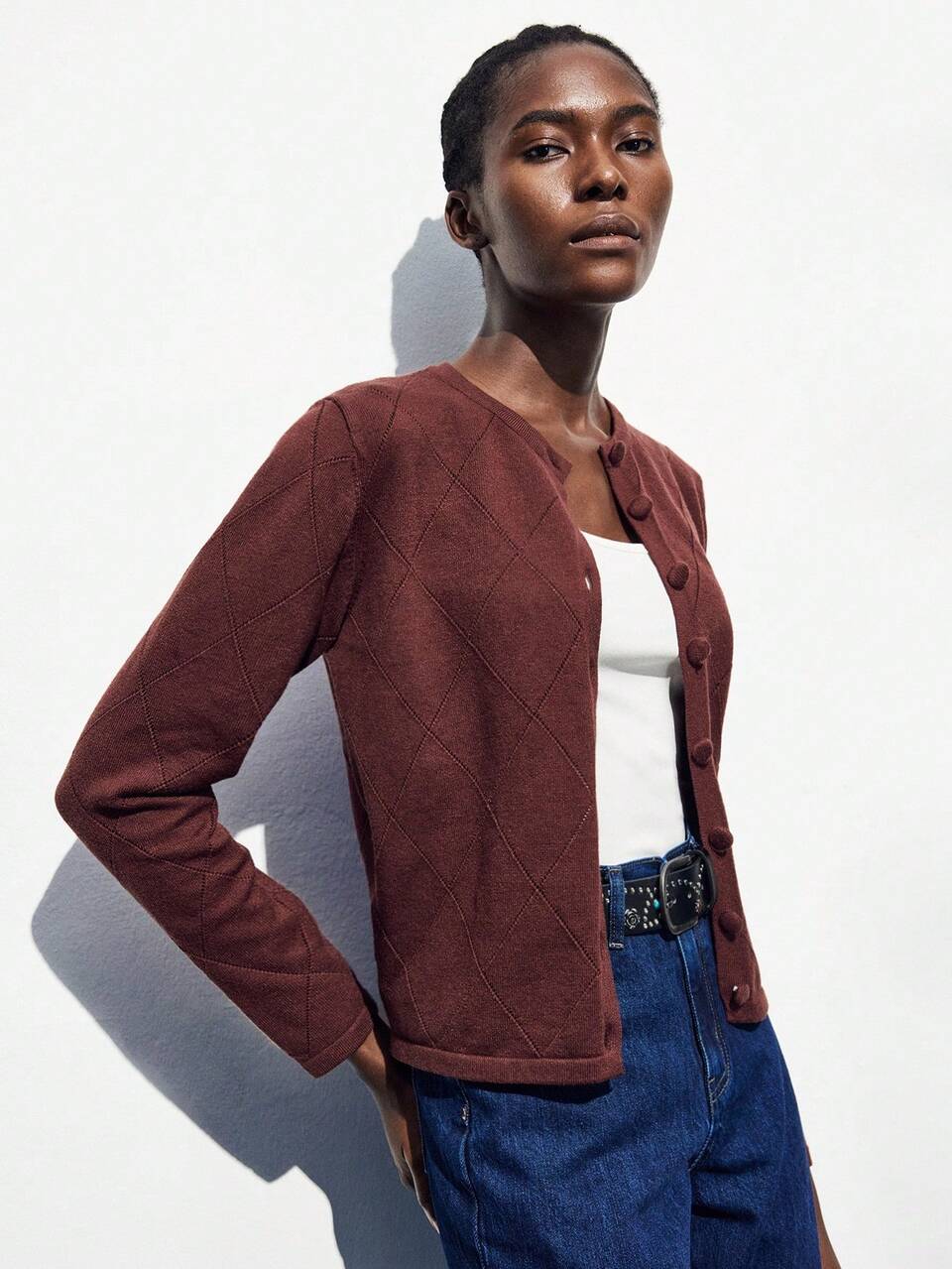 SHEIN Maija Women's Casual Versatile Solid Color Argyles Casual Fall Clothing For Women Fall Cardigan Brown Cardigan