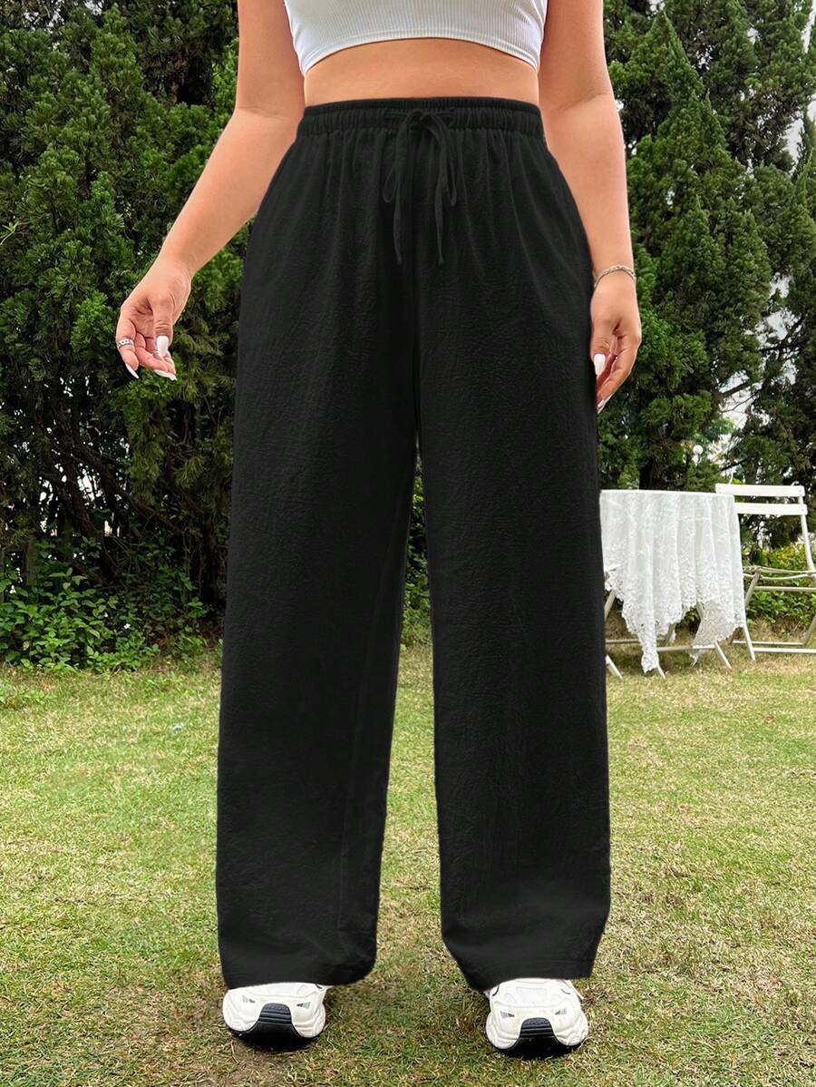 SHEIN EZwear 大码女式纯色抽绳腰宽松阔腿休闲裤 - 黑色 - 查看 1