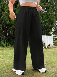 SHEIN EZwear 大码女式纯色抽绳腰宽松阔腿休闲裤 - 黑色 - 查看 3