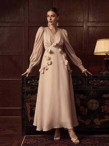 ZEYLAH V-Neck Ruched Floral Print Long Sleeve Maxi Romantic Elegant Dress