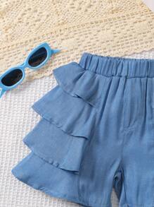 New Fashion Cute Versatile Party Blue Ruffled Layer Shorts For Young Girl - Blue - View 4