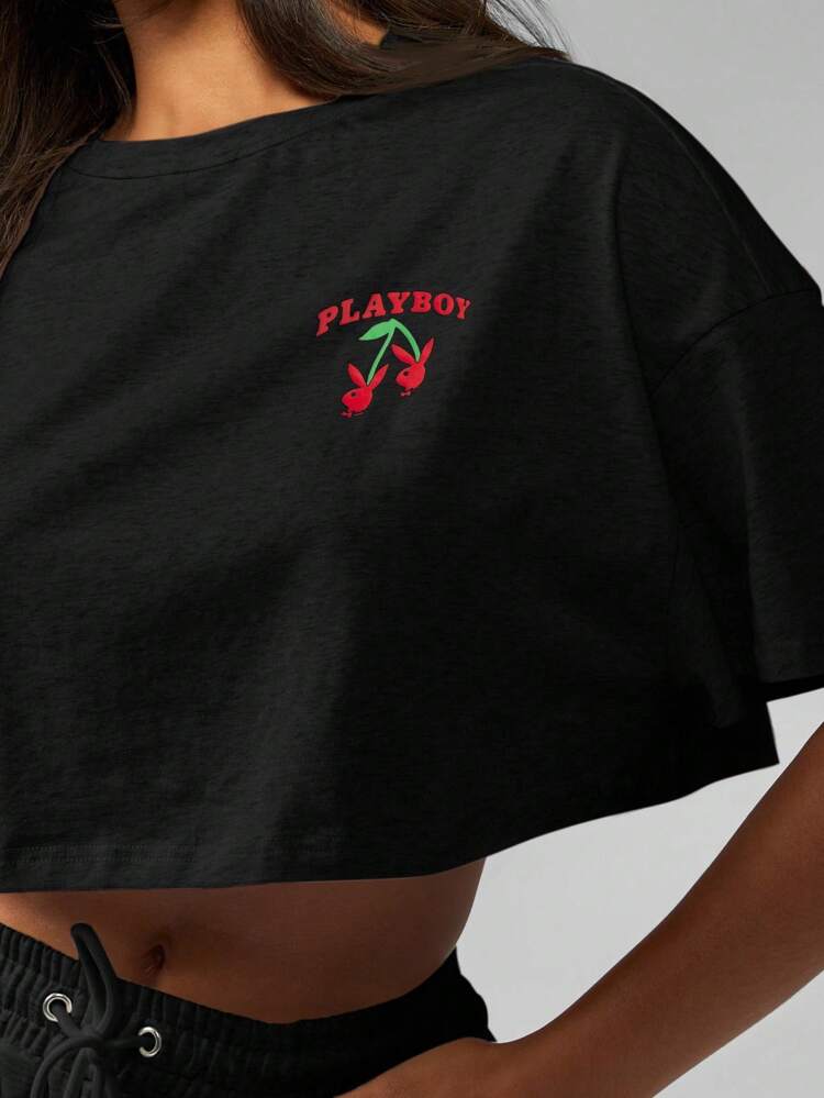 Missguided x Playboy Oversized Crop T-Shirt Cherry Print Design Cotton Streetwear Casual Short Sleeve Loose Fit Festival Summer Spring Top