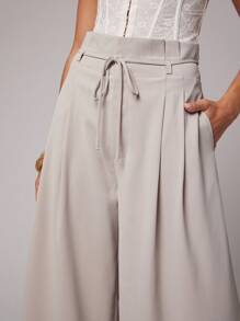 Silquee Women's Solid Light Cardigan Belt Pocket Pleated Pants Wide Leg Pants High Waist Pants Lace-Up Pants Pleated Pants Suit Pants Casual Suit Woven Office Teacher Autumn Women's Autumn Office Suit Pants - Khaki - View 6