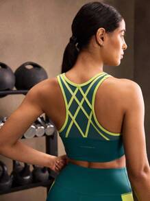 Powerista Áo ngực thể thao năng động thiết kế viền dành cho nữ - Màu xanh lam - Xem 3