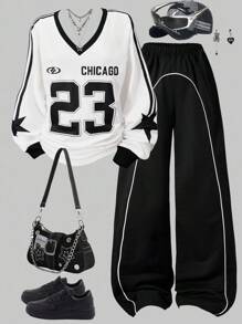 SHEIN Explorewe Streecool 儿童休闲校园少女印花拼接条纹长袖上衣和工装裤两件套