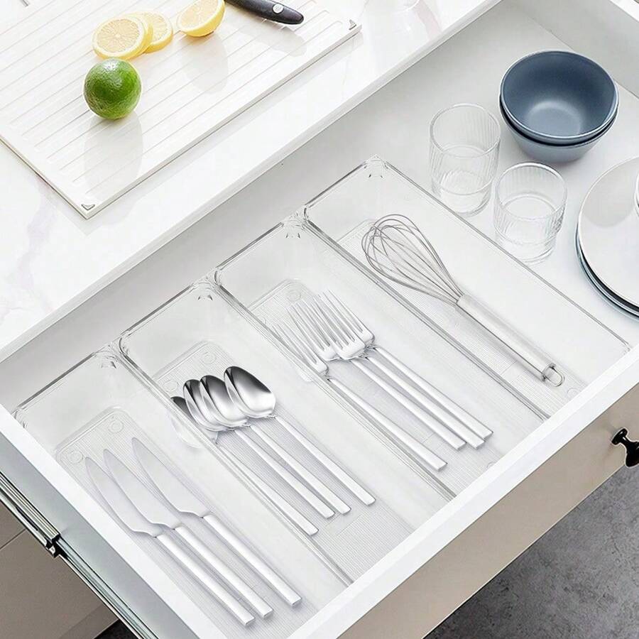 8pcs/Set Clear Drawer Organizers Plastic Storage Tray For Utensil Cutlery In Kitchen Desk Makeup Storage Bin Divider Decorations Autumn Decor Festival Decor Room Decor Home Decor Fall Decor Bedroom Decor