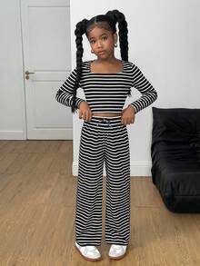 SHEIN Tween Girl Black And White Striped Two Pieces Set, Autumn Casual School Back-To-School Outfit, Square Neck Form-Fitting Top & Straight Leg Pants For Tween Girl - Blue and White - View 1