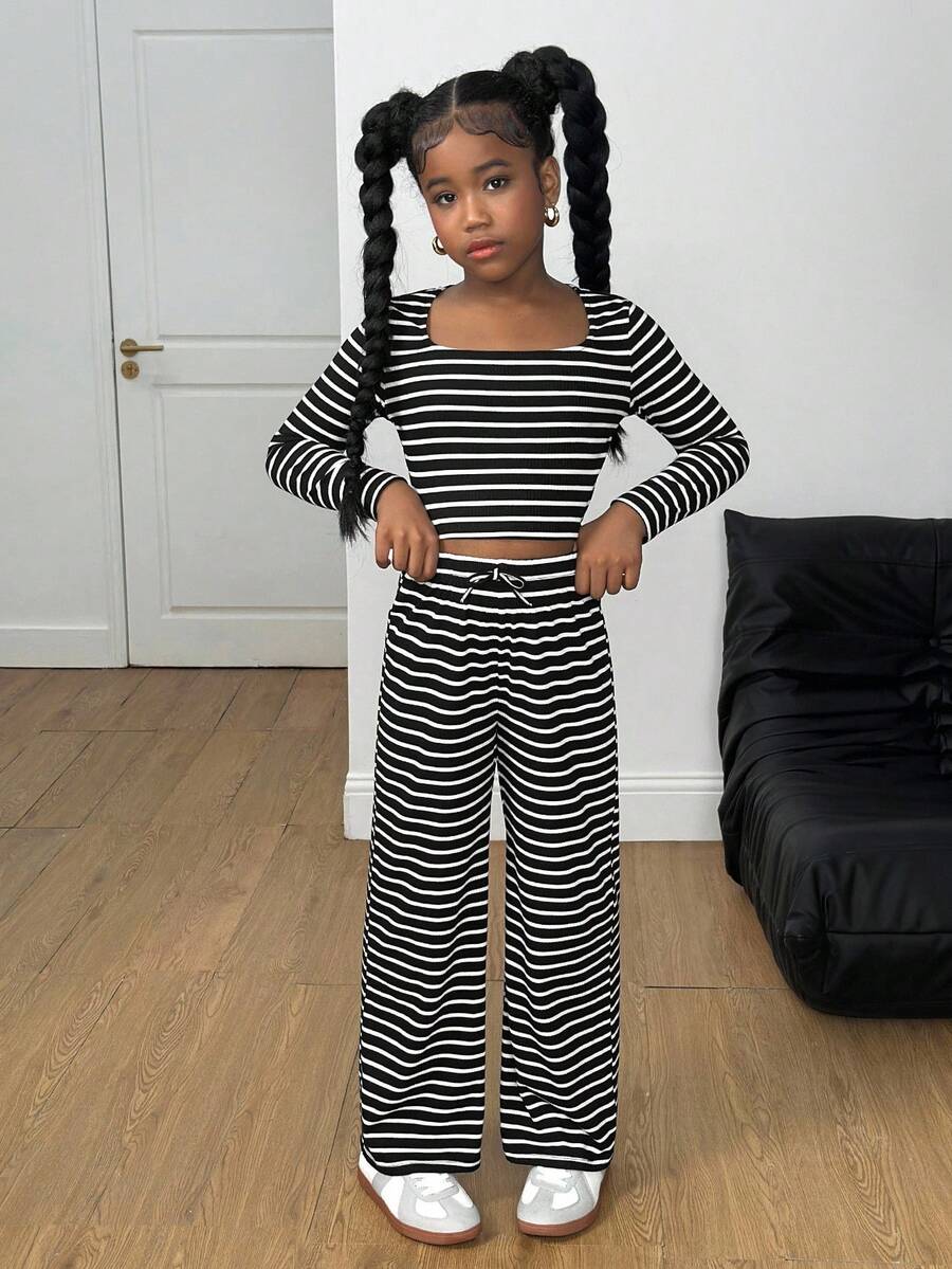SHEIN Tween Girl Black And White Striped Two Pieces Set, Autumn Casual School Back-To-School Outfit, Square Neck Form-Fitting Top & Straight Leg Pants For Tween Girl - Blue and White - View 1