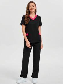 V-Neck Contrast Color Blocked Multi Pocket Short Sleeve Top & Pant Women Scrubs Uniform - Black - View 7