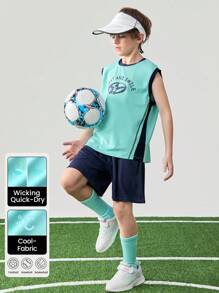 JNSQ 户外专业运动宽松背心，儿童圆领撞色拼接前趣味字母印花户外专业运动宽松背心上衣 - 藍色 - 查看 1