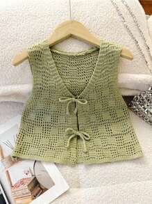 SHEIN Tween Girl Casual Versatile Knit Geometric Jacquard Bow Decor Short Sleeve Cardigan, Lime Green, Suitable For All Seasons, Girls Green Crop Top, Tween Girls Crop Vest, Crochet Crop Top, Green Knit Vest, Girls Tie Front Vest,In Fall/Winter