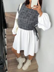 Comfortcana Retro Plaid Contrast Color Loose Fit Plus Size Women Long Sleeve Casual Dress - Multicolor - View 8