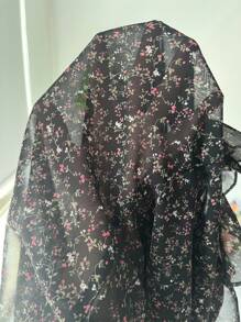 SHEIN Frenchy 大码女式夏季休闲迷你碎花系带衬衫 - 黑色 - 查看 7