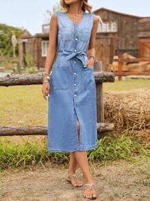 EMERY ROSE Plus Size Denim Casual Holiday Denim Dress - Light Wash - View 7