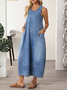 EMERY ROSE 女式休闲水洗无袖牛仔连衣裙 - 藍色 - 查看 5