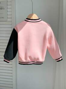 SHEIN Light Pink,Autumn,Cute,Back-To-School Baby Girl Casual Patchwork 3D Bear Chapter Varsity Jacket,Fashion Design Toddler Boy Soft Fabric Outerwear - Multicolor - View 5
