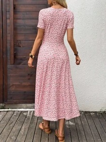 SHEIN LUNE 女式夏季假日碎花圆领短袖连衣裙 - 粉色 - 查看 2