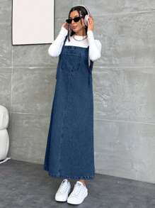 EURMUSE 女士休闲宽松口袋设计牛仔背带中长连衣裙 - 水鴨藍 - 查看 6