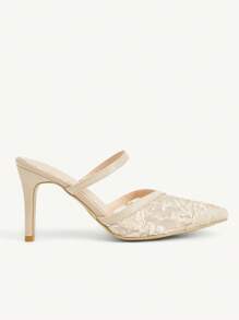 CUCCOO CHICEST Sandalias de tacón alto con punta puntiaguda y encaje de red para mujer, bombas beige sexy con tiras y sin espalda para fiestas/bodas