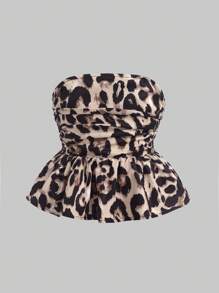 青少年女孩优雅豹纹荷叶边下摆紧身胸衣上衣，荷叶边上衣