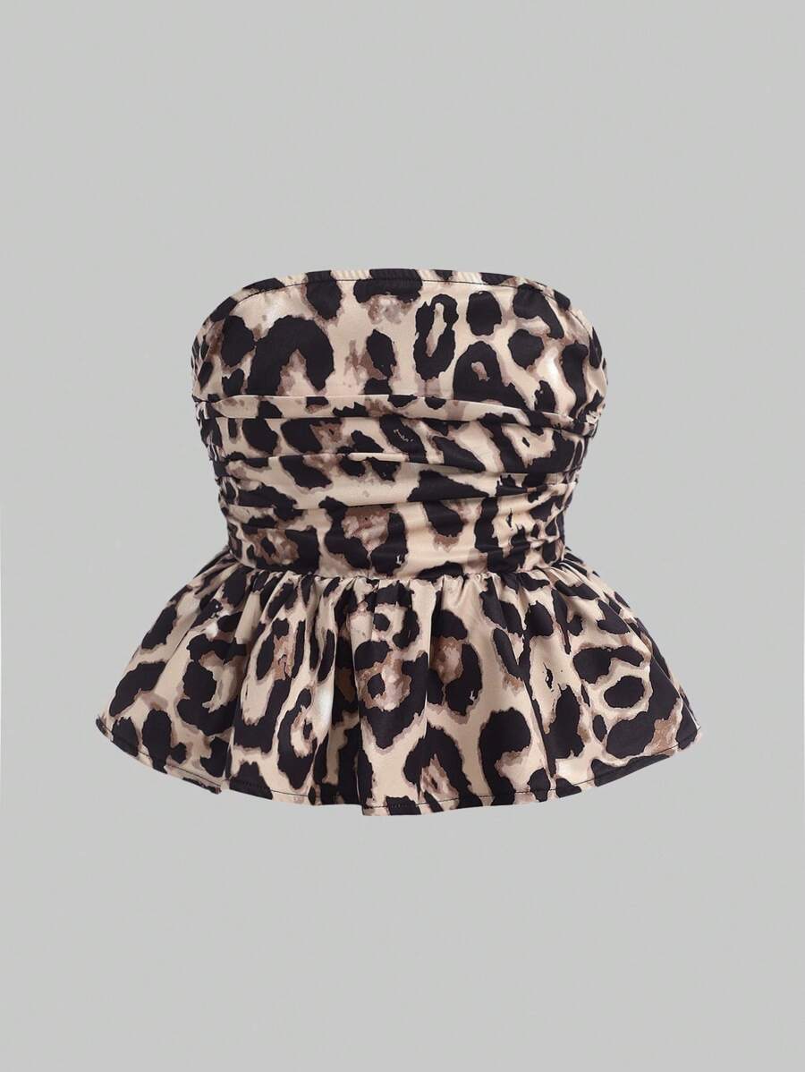 青少年女孩优雅豹纹荷叶边下摆紧身胸衣上衣，荷叶边上衣