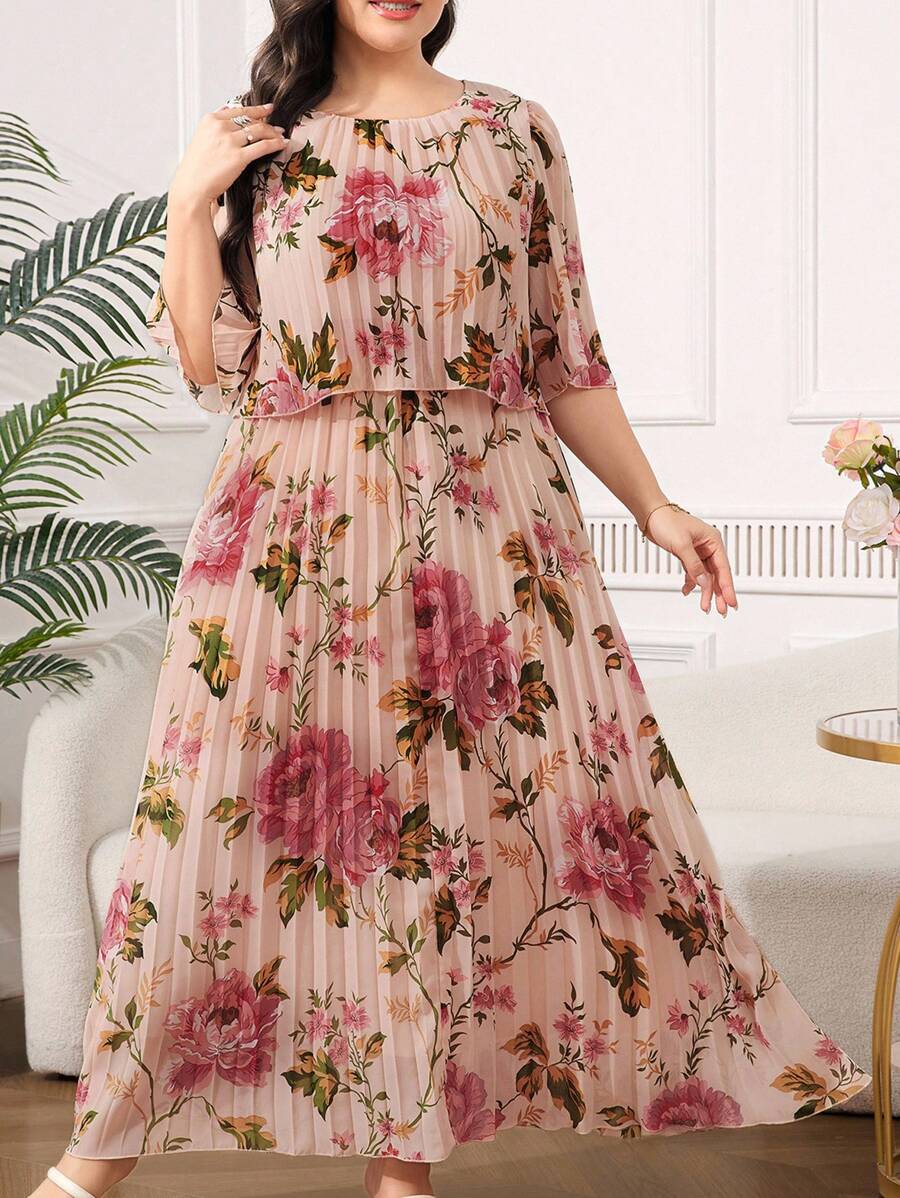 Reflora 大码女式几何优雅雪纺荷叶边褶皱连衣裙，夏季大码夏装大码碎花连衣裙大码连衣裙女士大码夏装曲线夏装女士夏装曲线碎花大码连衣裙大码连衣裙大码碎花夏装曲线加大码夏装大码长裙优雅连衣裙女士夏装女士夏装