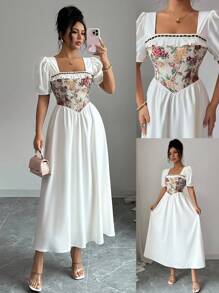 Elenzga Abito elegante da donna per vacanze, con volant sul fondo, di colore giallo crema, adatto anche per laurea - Beige - Visualizzare 1
