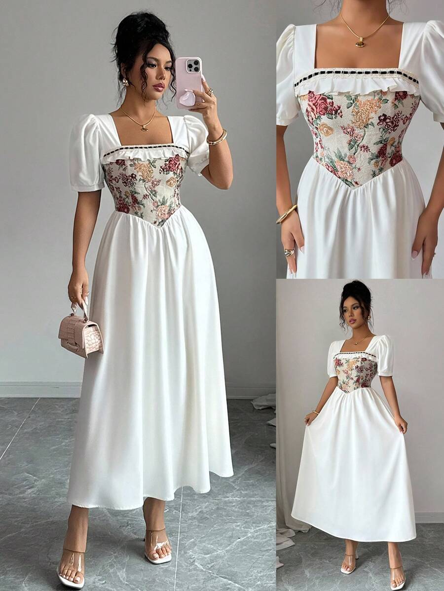 Elenzga Abito elegante da donna per vacanze, con volant sul fondo, di colore giallo crema, adatto anche per laurea - Beige - Visualizzare 1
