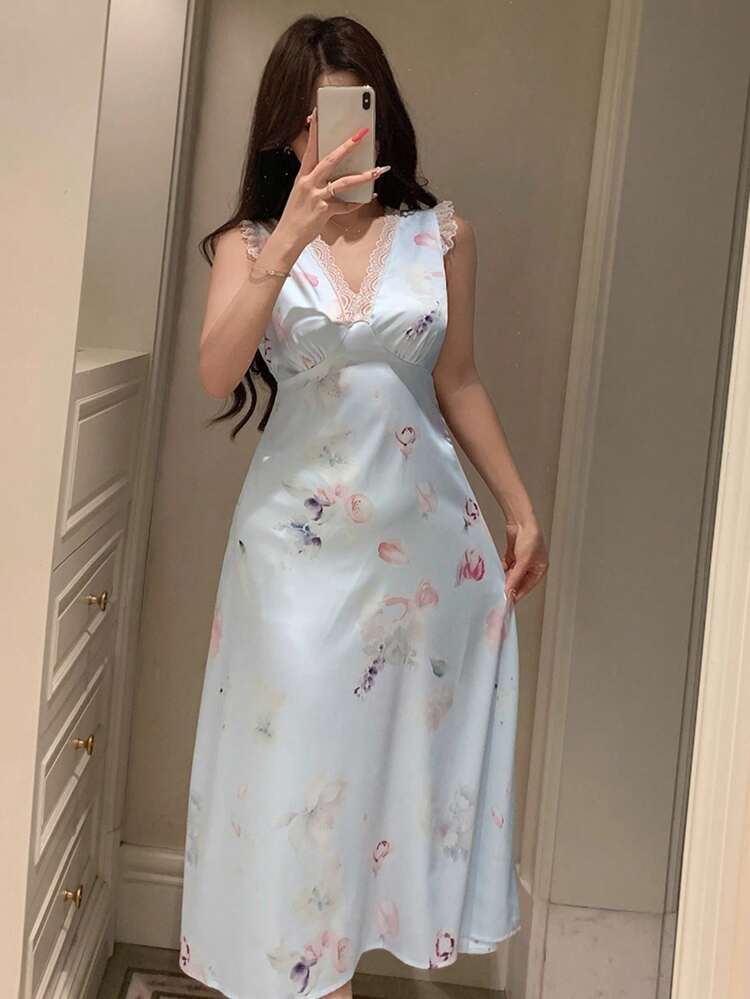 Women's Romantic Tie-Dye Floral Print Lace Trim V-Neck Sleeveless Nightdress Pajama