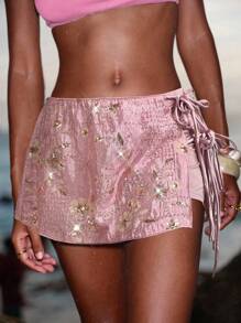 Opulessa 2件套花卉亮片装饰女士低腰短裤和迷你裙套装