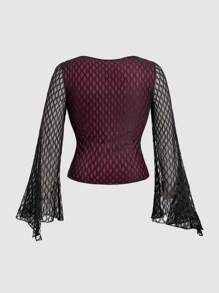 SHEIN MOD Áo thun tay loe buộc dây họa tiết lưới tương phản phong cách Gothic cổ điển Y2K cỡ lớn, cổ điển, bohemian, tối màu, phong cách cung điện, phong cách ma cà rồng, dành cho tiệc Halloween - màu đen - Xem 3