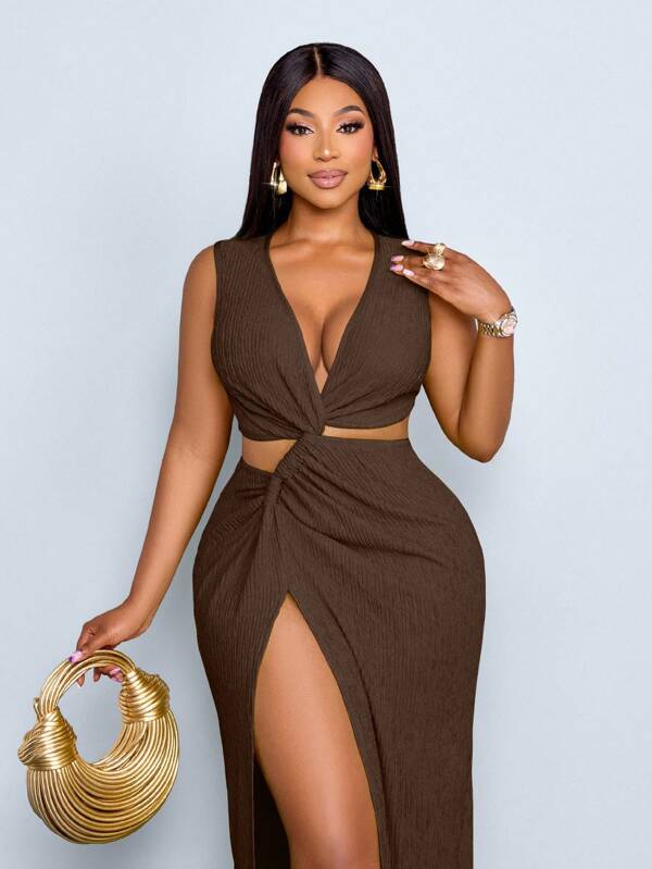 SOLERSUN Plus Size Women's Spring And Summer Solid Color Textured Fabric Waist Hollow Twist High Slit Sexy Long Dress, Beach Vacation