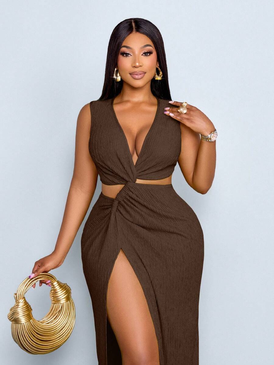 SOLERSUN Váy dài gợi cảm mùa xuân và mùa hè vải kết cấu màu trơn cỡ lớn cho nữ, eo khoét sâu, xẻ cao, kỳ nghỉ ở bãi biển - Cà phê nâu - Xem 1