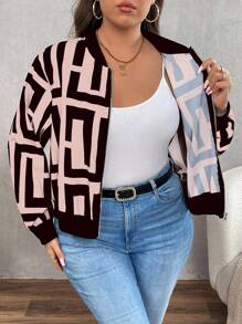 SHEIN LUNE Plus Size Women Geometric Pattern Baseball Jacket, Long Sleeve Fall Winter Cloth For Women Autumn - Pink - View 8