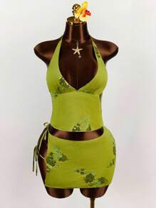 Amplova 2件套亮片花卉刺绣深V露背露背短款上衣和前开叉裹身裙 - 綠色 - 查看 2