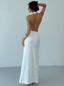 Aloruh 全新性感高开叉露背吊带系带修身弹力镂空修身全长派对礼服，白色，生日/活动鸡尾酒会礼服 - 白色 - 查看 4