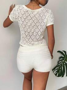 Aloruh Women's Sexy Cute Button Up Crop Top And Low Waist Mini Short Crocheted Beach 2 Pieces Set,Island Vacation Outfits Women,2 Pieces Sets Woman - White - View 2