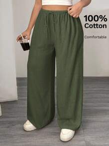 SHEIN EZwear Vestido largo de lino informal y holgado con cordón para tallas grandes