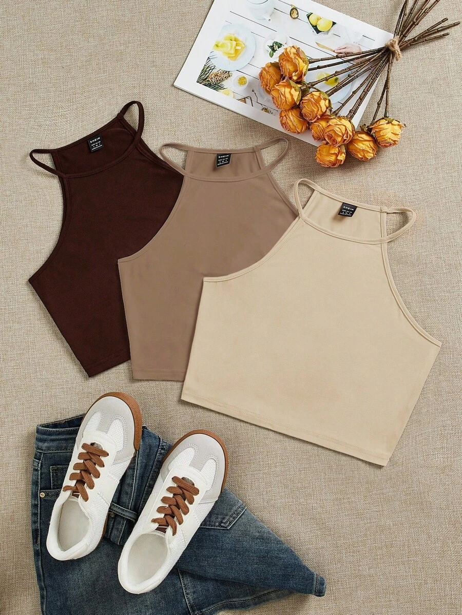 SHEIN EZwear 3 件套女士深棕色、卡其色、杏色背心，适合夏季