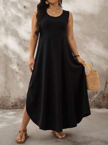 EMERY ROSE Plus Size Black Wide Strap Curved Hem Solid Midi Dress,Summer Casual Sleeveless Chic Vacation Holiday Dress Suitable For Spring And - Multicolor - View 1