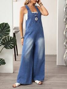 EMERY ROSE 女式休闲阔腿牛仔背带裤 - 藍色 - 查看 6
